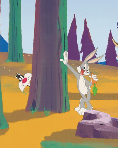 Fototapet Looney Tunes 204 (WBLT204-1) cu Bugs Bunny, Sylvester, Road Runner și Tweety Bird într-o pădure, pe un perete modern.