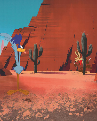 Fototapet Looney Tunes 205 cu Road Runner și Coiotul Wile E. într-un peisaj de deșert cu stânci roșii și cactuși.