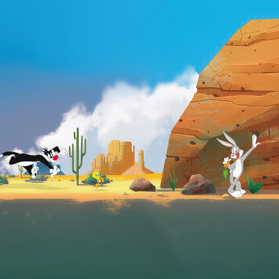 Fototapet Looney Tunes 206 cu Bugs Bunny, Sylvester și Tweety într-un dormitor modern, pe un perete cu peisaj de deșert animat.