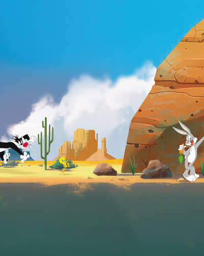 Fototapet Looney Tunes 206 cu Bugs Bunny, Sylvester și Tweety într-un dormitor modern, pe un perete cu peisaj de deșert animat.