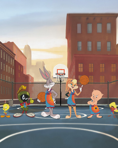 Fototapet Looney Tunes 208 cu Bugs Bunny, Lola Bunny, Porky Pig, Marvin Marțianul și Tweety jucând baschet pe un teren urban, într-o sală modernă de fitness.