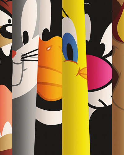Fototapet Looney Tunes 210 aplicat pe un perete dintr-o zonă de dining modernă, prezentând secțiuni vibrante cu Bugs Bunny, Tweety, Sylvester și alte personaje celebre.