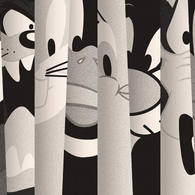 Fototapet Looney Tunes 210 cu personaje clasice alb-negru, în stil retro, cu Bugs Bunny, Daffy Duck și alte figuri animate iconic fragmentate pe verticală.