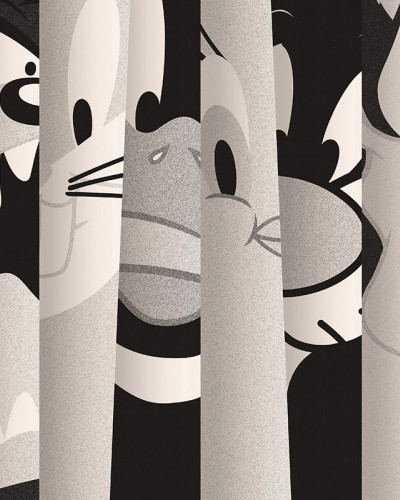 Fototapet Looney Tunes 210 cu personaje clasice alb-negru, în stil retro, cu Bugs Bunny, Daffy Duck și alte figuri animate iconic fragmentate pe verticală.