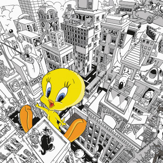 Fototapet cu ilustrație urbană alb-negru, în care un Titi (Tweety Bird) galben vibrant domină peisajul. Alte personaje Looney Tunes sunt ascunse printre clădiri.