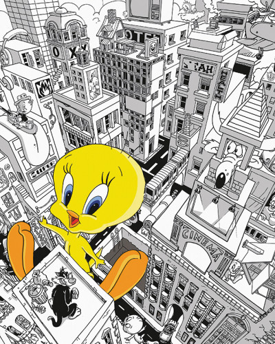 Fototapet cu ilustrație urbană alb-negru, în care un Titi (Tweety Bird) galben vibrant domină peisajul. Alte personaje Looney Tunes sunt ascunse printre clădiri.