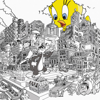 Fototapet Looney Tunes 212 cu un oraș animat alb-negru și Tweety galben, înconjurat de personaje clasice precum Sylvester, Bugs Bunny și Granny.