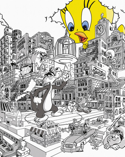 Fototapet Looney Tunes 212 cu un oraș animat alb-negru și Tweety galben, înconjurat de personaje clasice precum Sylvester, Bugs Bunny și Granny.