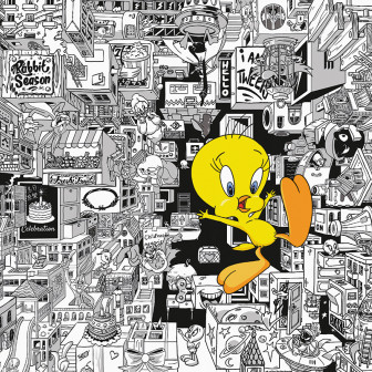 Fototapet Looney Tunes 212 cu un peisaj urban alb-negru detaliat și personajul Tweety galben vibrant, aplicat într-un living modern.