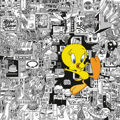Fototapet Looney Tunes 212 cu un peisaj urban alb-negru detaliat și personajul Tweety galben vibrant, aplicat într-un living modern.