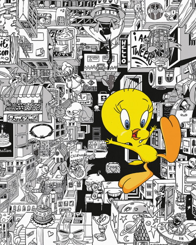 Fototapet Looney Tunes 212 cu un peisaj urban alb-negru detaliat și personajul Tweety galben vibrant, aplicat într-un living modern.
