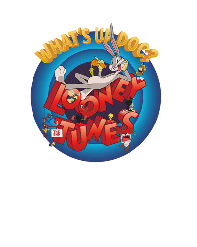 Fototapet circular Looney Tunes 213 cu Bugs Bunny, Taz și alte personaje clasice, aplicat pe peretele alb dintr-un dormitor modern cu pat și noptieră.