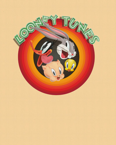 Logo Looney Tunes cu Bugs Bunny, Daffy Duck, Porky Pig și Tweety Bird pe un fundal bej, în cercuri concentrice roșii și portocalii.