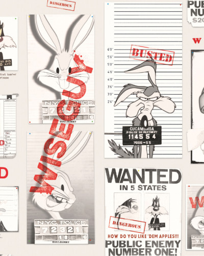 Tapet Looney Tunes 215 cu Bugs Bunny, Sylvester, Tweety și alte personaje clasice în stil afișe 'Wanted' și fișe de cazier, alb-negru cu ștampile roșii.