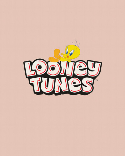 Logo Looney Tunes cu păsărica Tweety pe un fundal roz pal