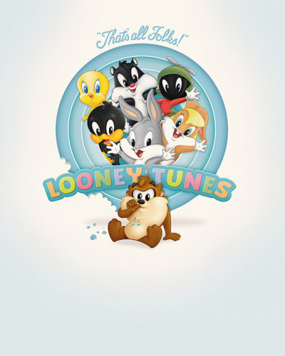 Fototapet Looney Tunes 220 cu Bugs Bunny, Daffy Duck, Tweety, Lola Bunny, Marvin Marțianul, Sylvester și Taz pe un fundal albastru deschis.
