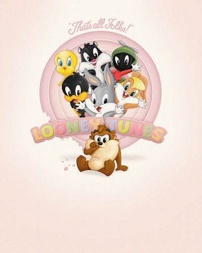 Fototapet Looney Tunes 220 instalat într-un dormitor modern cu pat și noptieră, prezentând Bugs Bunny, Daffy, Tweety, Sylvester, Lola Bunny, Marvin Marțianul și Diavolul Tasmanian pe un fundal roz deschis.