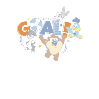 Fototapet cu personaje baby Looney Tunes (Taz, Bugs Bunny, Sylvester, Road Runner) celebrând un gol la fotbal, cu textul 'GOAL!' și mingea de fotbal în culori pastelate pe un fundal alb.
