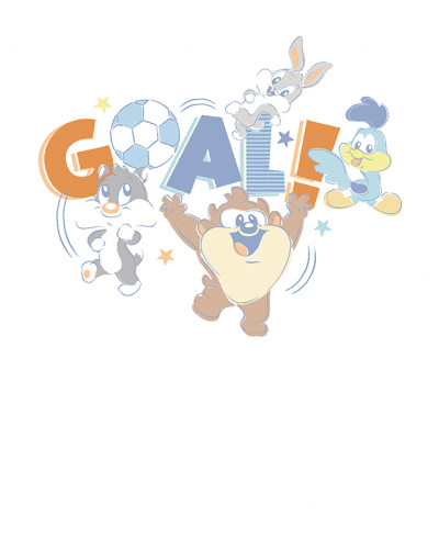 Fototapet cu personaje baby Looney Tunes (Taz, Bugs Bunny, Sylvester, Road Runner) celebrând un gol la fotbal, cu textul 'GOAL!' și mingea de fotbal în culori pastelate pe un fundal alb.
