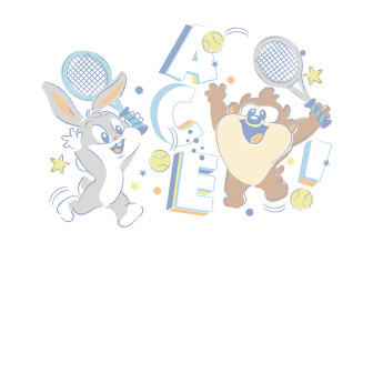 Fototapet cu Bugs Bunny și Diavolul Tasmanian jucând tenis într-o cameră modernă de copii, cu pat din lemn și bibliotecă.