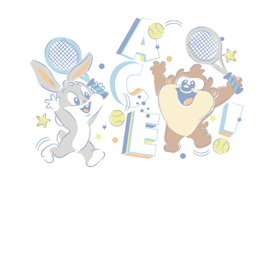 Fototapet cu Bugs Bunny și Diavolul Tasmanian jucând tenis într-o cameră modernă de copii, cu pat din lemn și bibliotecă.