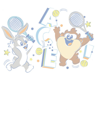 Fototapet cu Bugs Bunny și Diavolul Tasmanian jucând tenis într-o cameră modernă de copii, cu pat din lemn și bibliotecă.