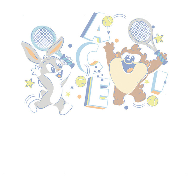 Fototapet cu Bugs Bunny și Diavolul Tasmanian jucând tenis într-o cameră modernă de copii, cu pat din lemn și bibliotecă.