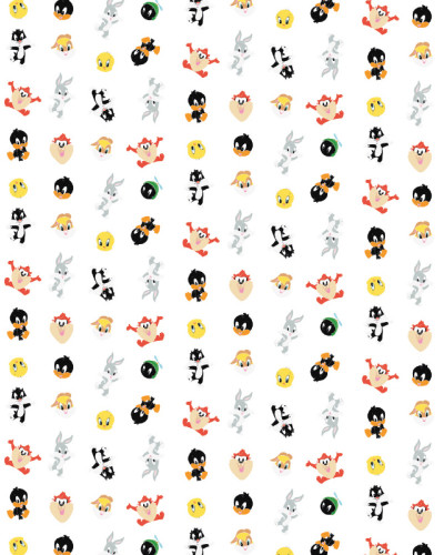 Tapet Looney Tunes 224 pe un perete alb, cu personaje animate Bugs Bunny, Daffy Duck, Tweety, Taz, Sylvester în stil jucăuș, într-o încăpere modernă cu fotoliu și bagaje.