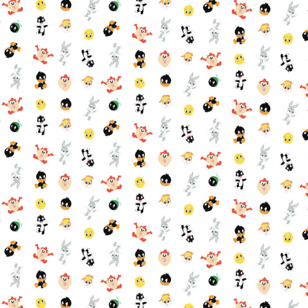 Tapet Looney Tunes 224 pe un perete alb, cu personaje animate Bugs Bunny, Daffy Duck, Tweety, Taz, Sylvester în stil jucăuș, într-o încăpere modernă cu fotoliu și bagaje.