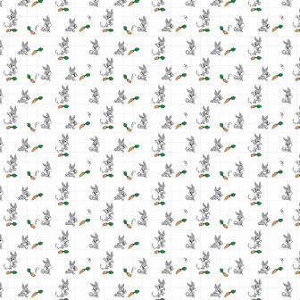 Model de tapet repetitiv cu Bugs Bunny, iepurele celebru din desene animate, în diferite ipostaze jucăușe, alături de morcovi, pe un fundal alb cu grilă.