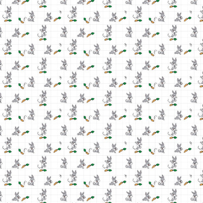 Model de tapet repetitiv cu Bugs Bunny, iepurele celebru din desene animate, în diferite ipostaze jucăușe, alături de morcovi, pe un fundal alb cu grilă.