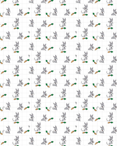 Model de tapet repetitiv cu Bugs Bunny, iepurele celebru din desene animate, în diferite ipostaze jucăușe, alături de morcovi, pe un fundal alb cu grilă.