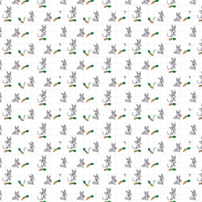 Tapet Looney Tunes 225 cu model repetitiv de iepurasi gri veseli si morcovi zburatori, aplicat pe un perete intr-o camera moderna.