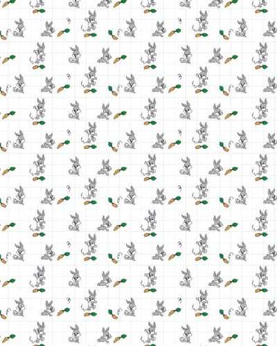 Tapet Looney Tunes 225 cu model repetitiv de iepurasi gri veseli si morcovi zburatori, aplicat pe un perete intr-o camera moderna.