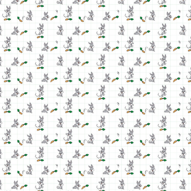 Tapet Looney Tunes 225 cu model repetitiv de iepurasi gri veseli si morcovi zburatori, aplicat pe un perete intr-o camera moderna.