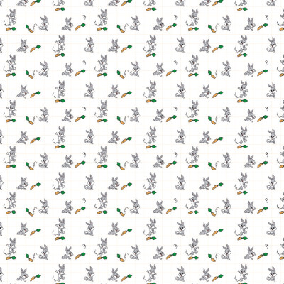 Tapet cu model repetitiv Looney Tunes 225, prezentând iepurașul Bugs Bunny și morcovi pe un fundal alb cu grilă discretă, ideal pentru camera copiilor.