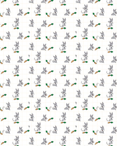 Tapet cu model repetitiv Looney Tunes 225, prezentând iepurașul Bugs Bunny și morcovi pe un fundal alb cu grilă discretă, ideal pentru camera copiilor.