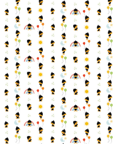 Tapet Looney Tunes 226 cu model repetitiv de rățuște jucăușe, curcubeie, soare, lună și baloane colorate pe fundal alb, ideal pentru camera copiilor.