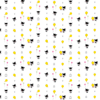 Tapet cu model repetitiv Looney Tunes 227, prezentând personajele Tweety și Sylvester în stil minimalist, pe un fundal alb, cu baloane roz și verzi, și cuști de păsări.