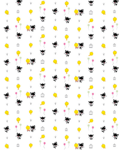 Tapet cu model repetitiv Looney Tunes 227, prezentând personajele Tweety și Sylvester în stil minimalist, pe un fundal alb, cu baloane roz și verzi, și cuști de păsări.