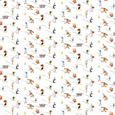 Tapet alb cu model repetitiv de personaje Looney Tunes: Bugs Bunny, Daffy Duck, Tweety, Sylvester, Porky Pig, Lola Bunny, Marvin Martian, Wile E. Coyote, Road Runner, Pepe Le Pew și alții.