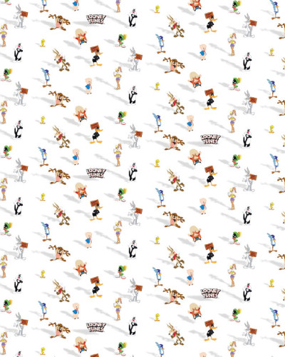 Tapet alb cu model repetitiv de personaje Looney Tunes: Bugs Bunny, Daffy Duck, Tweety, Sylvester, Porky Pig, Lola Bunny, Marvin Martian, Wile E. Coyote, Road Runner, Pepe Le Pew și alții.