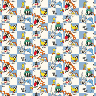 Tapet Looney Tunes 230 cu personaje animate clasice: Bugs Bunny, Daffy Duck, Tweety, Taz, Marvin Martianul, pe un fundal cu carouri albastre și albe, într-o cameră de studiu cu birou de lemn.