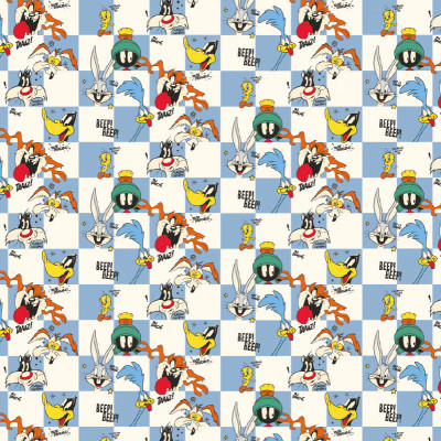 Tapet Looney Tunes 230 cu personaje animate clasice: Bugs Bunny, Daffy Duck, Tweety, Taz, Marvin Martianul, pe un fundal cu carouri albastre și albe, într-o cameră de studiu cu birou de lemn.