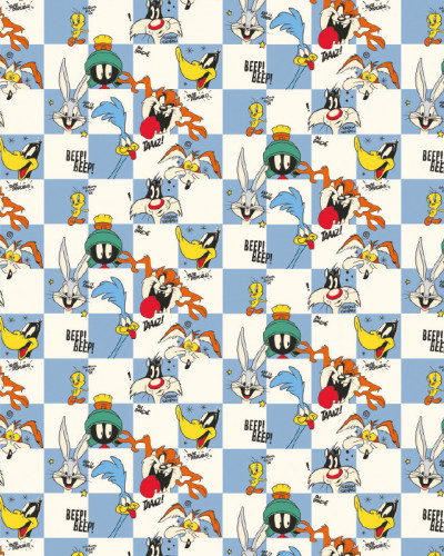 Tapet Looney Tunes 230 cu personaje animate clasice: Bugs Bunny, Daffy Duck, Tweety, Taz, Marvin Martianul, pe un fundal cu carouri albastre și albe, într-o cameră de studiu cu birou de lemn.