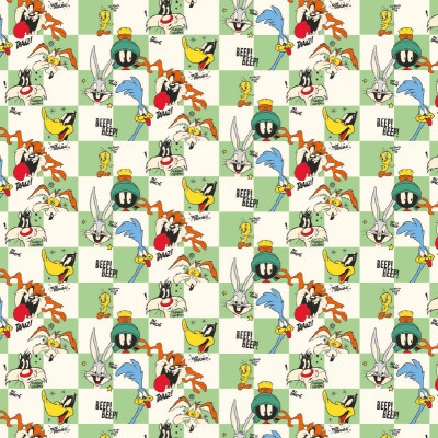 Tapet Looney Tunes 230 cu Bugs Bunny, Daffy Duck, Taz, Road Runner, Tweety, Marvin Marțianul, Wile E. Coyote și Sylvester pe un fundal tip tablă de șah verde și crem.
