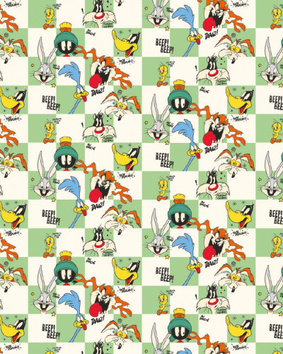 Tapet Looney Tunes 230 cu Bugs Bunny, Daffy Duck, Taz, Road Runner, Tweety, Marvin Marțianul, Wile E. Coyote și Sylvester pe un fundal tip tablă de șah verde și crem.