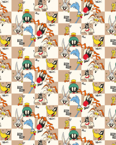Tapet Looney Tunes 230 cu personaje animate clasice Bugs Bunny, Daffy Duck, Marvin, Road Runner, Tweety și Taz într-un model șah maro și bej, ideal pentru camera copiilor.