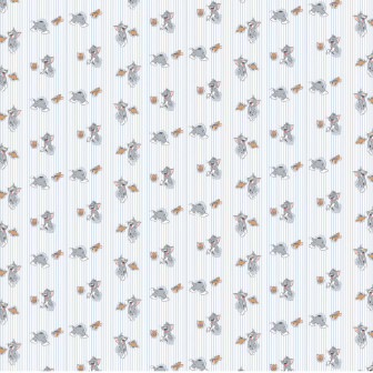 Tapet Tom și Jerry 103 cu dungi alb-albastre, aplicat într-o cameră de copil cu birou din lemn, laptop și căști portocalii.