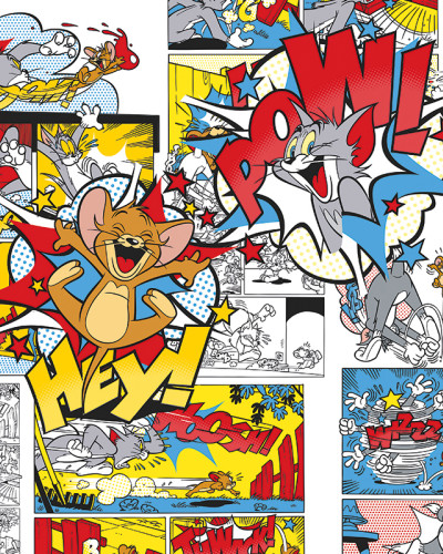 Fototapet Tom și Jerry 105 în stil pop-art vibrant, cu scene de benzi desenate și personaje animate, într-o sală de jocuri arcade.